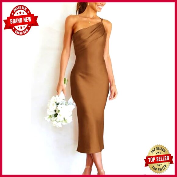 Satin Midi Dress One Shoulder Spaghetti Strap Backless Ruched Bodycon Elegant - Picture 6 of 7